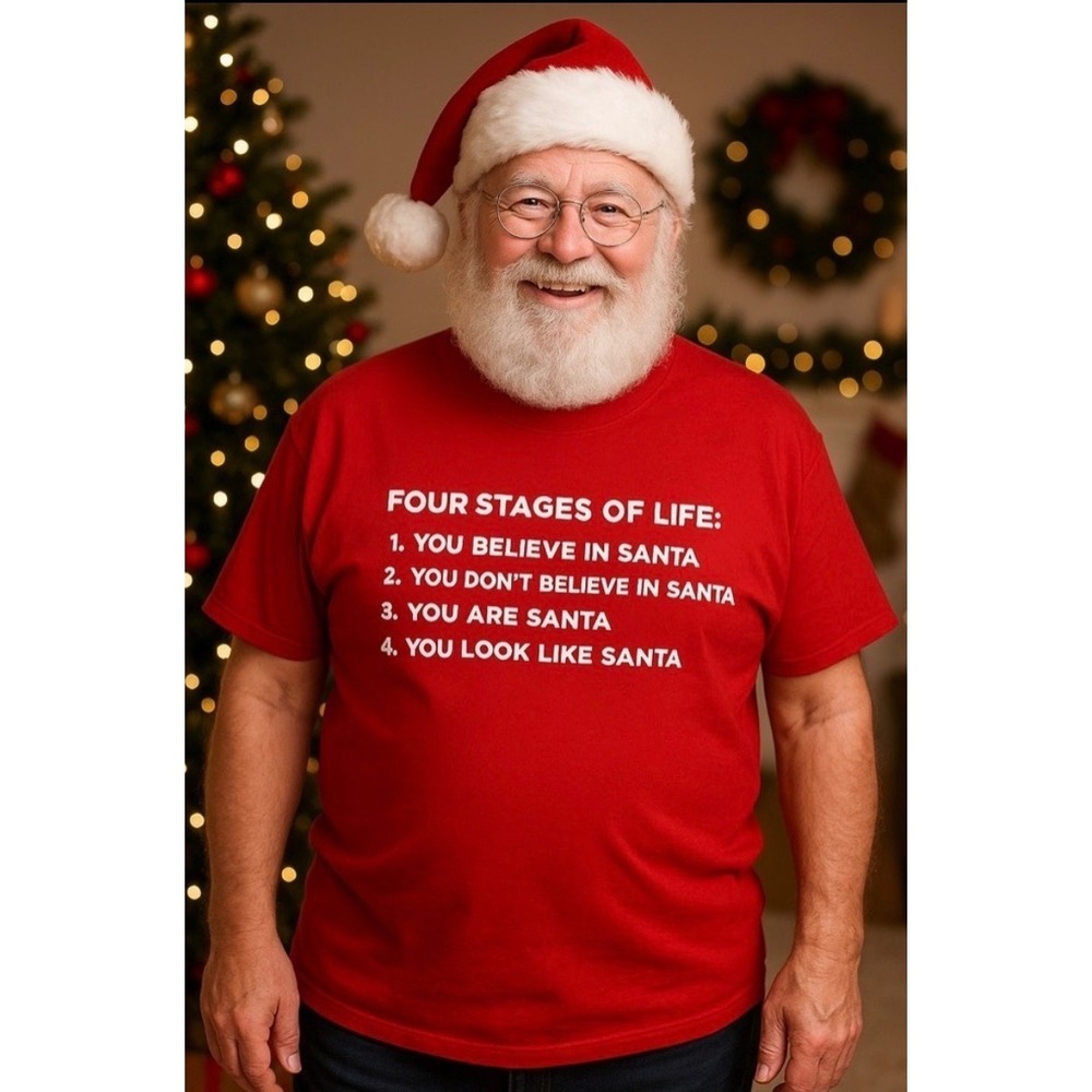Four Stages of Life Santa Claus Graphic Red Cotton Large T-Shirt